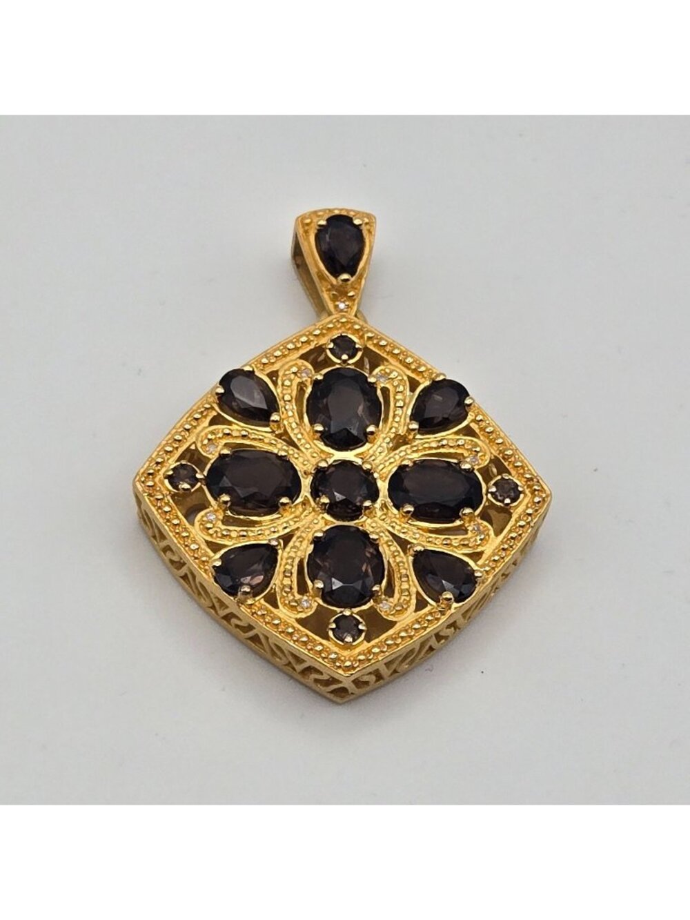 18K Gold Over Sterling Silver 925 Smoky Quartz Diamond Pendant Chunky
